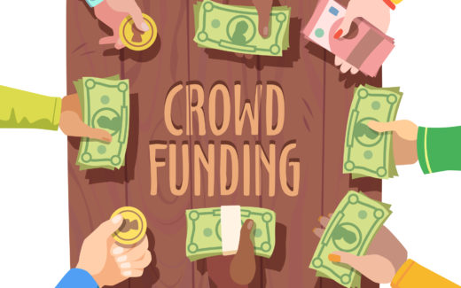 Crowd funding concept. Different people giving cash and coins money on a crowd funded project. Flat style vector illustration clipart.